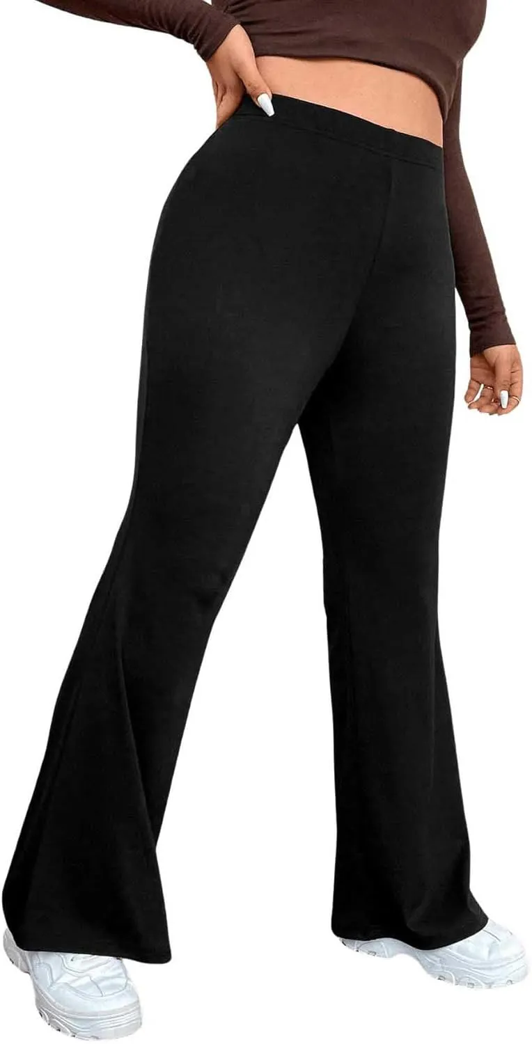 OYOANGLE Women's Plus Size Elastic High Waist Flared Leg Pants Solid Bell Bottom Long Trousers