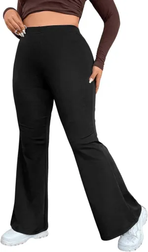 OYOANGLE Women's Plus Size Elastic High Waist Flared Leg Pants Solid Bell Bottom Long Trousers