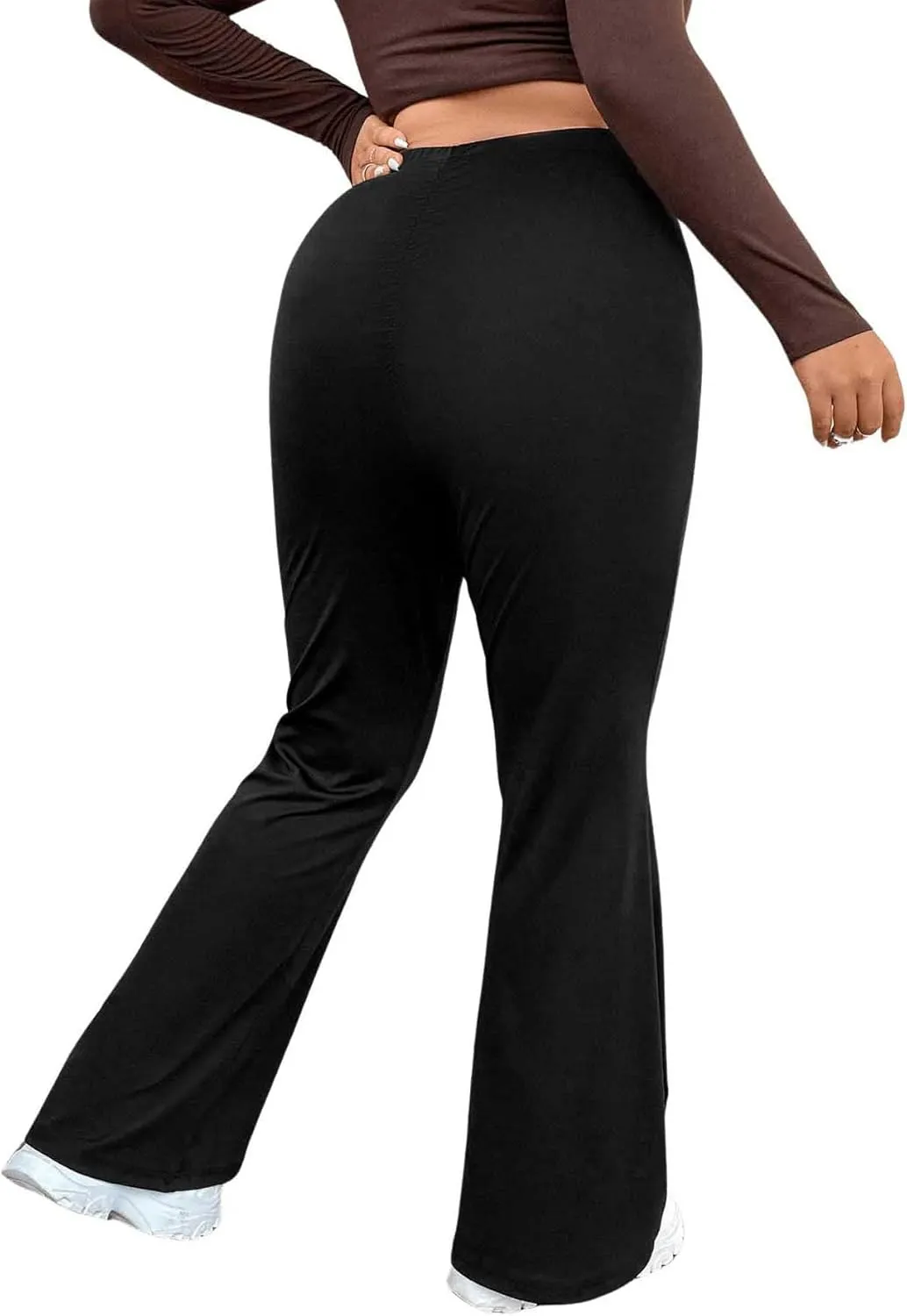 OYOANGLE Women's Plus Size Elastic High Waist Flared Leg Pants Solid Bell Bottom Long Trousers