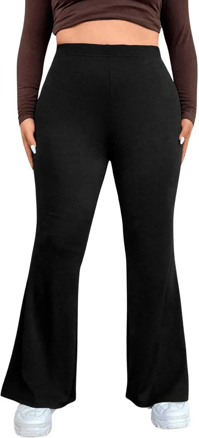 OYOANGLE Women's Plus Size Elastic High Waist Flared Leg Pants Solid Bell Bottom Long Trousers