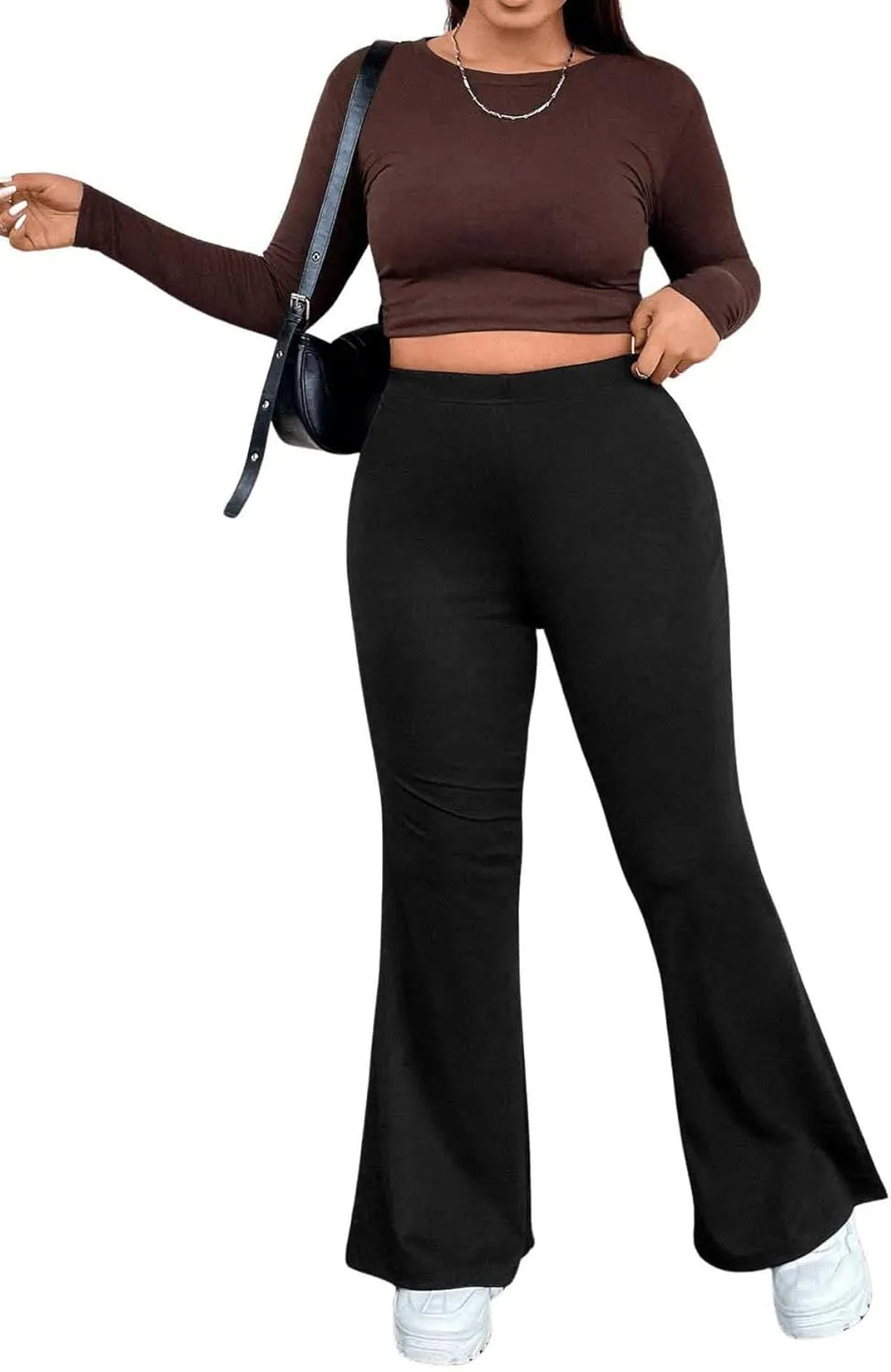 OYOANGLE Women's Plus Size Elastic High Waist Flared Leg Pants Solid Bell Bottom Long Trousers