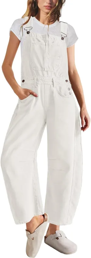 Panadila Womens Overalls Loose Fit Casual Wide Leg Jumpsuit Oversized Bib Overalls Barrel Pants with Pockets (Cream,L), Large