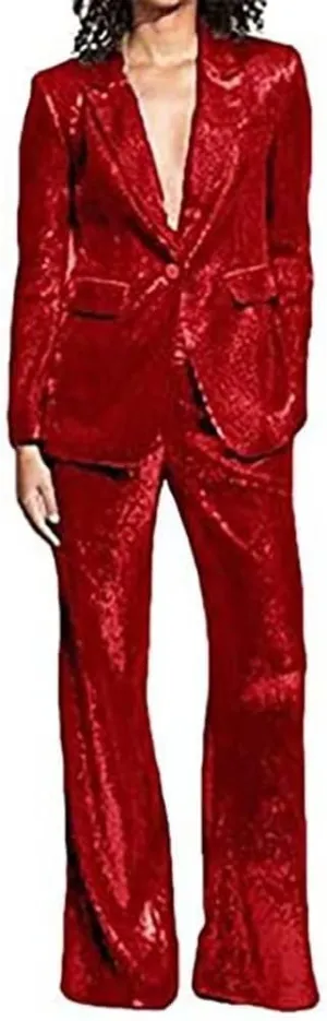Pant Suit for Women 2 Piece Sequin Pants Suit Set Blazer Business Wedding Tuxedos Party Wear Suits