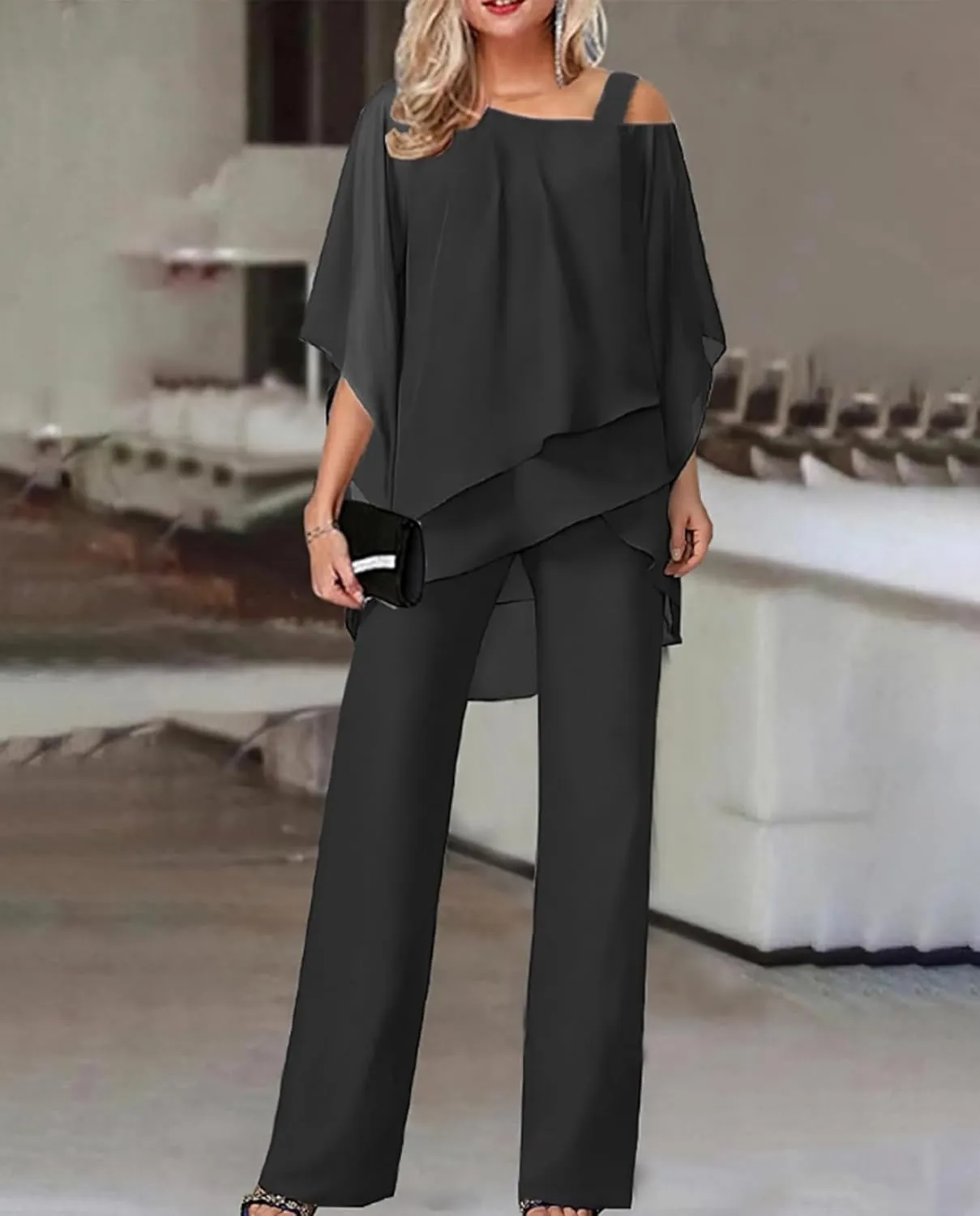 Pant Suits for Women Dressy Elegant 2 Piece Flowy Palazzo Pants and Top Set Elegant Chiffon Wedding Guest Pantsuits