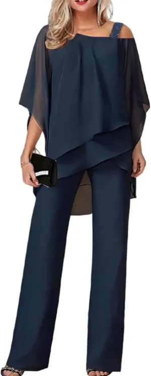 Pant Suits for Women Dressy Elegant 2 Piece Flowy Palazzo Pants and Top Set Elegant Chiffon Wedding Guest Pantsuits