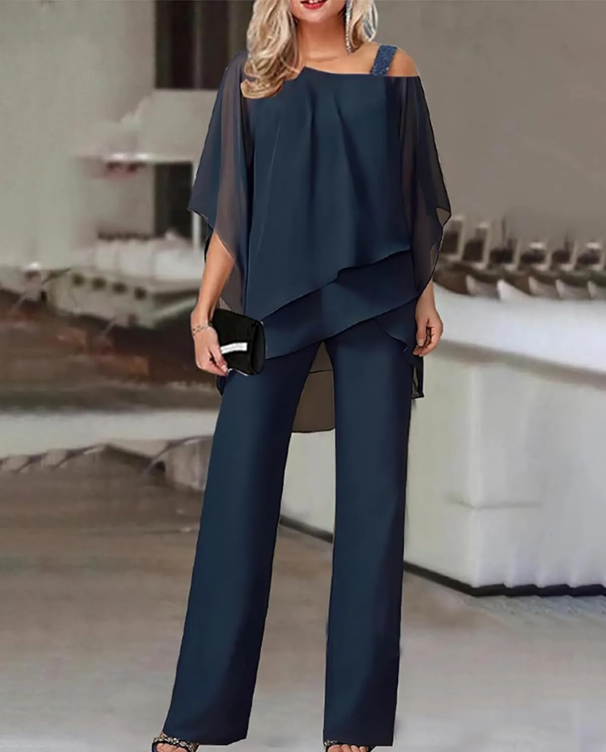 Pant Suits for Women Dressy Elegant 2 Piece Flowy Palazzo Pants and Top Set Elegant Chiffon Wedding Guest Pantsuits