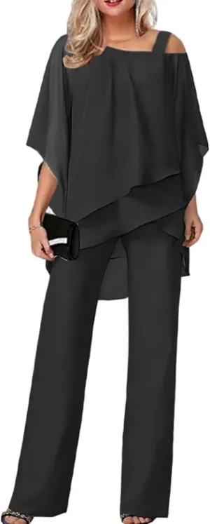 Pant Suits for Women Dressy Elegant 2 Piece Flowy Palazzo Pants and Top Set Elegant Chiffon Wedding Guest Pantsuits