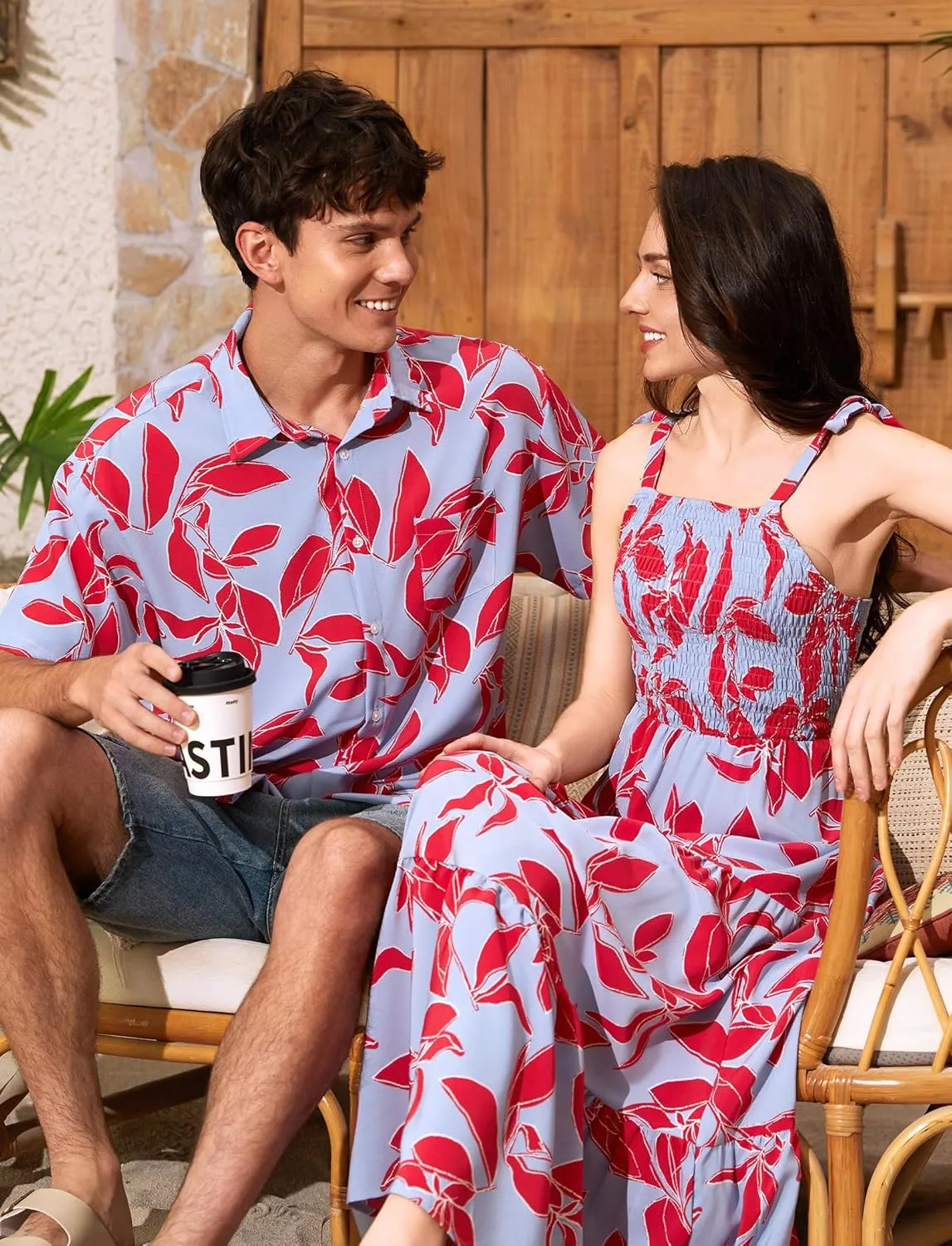 PATPAT Couples Matching Hawaiian Outfits: Beach Vacation Tropical Print Women Spaghetti Strap Maxi Dress or Men Cruise Shirt