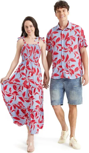 PATPAT Couples Matching Hawaiian Outfits: Beach Vacation Tropical Print Women Spaghetti Strap Maxi Dress or Men Cruise Shirt