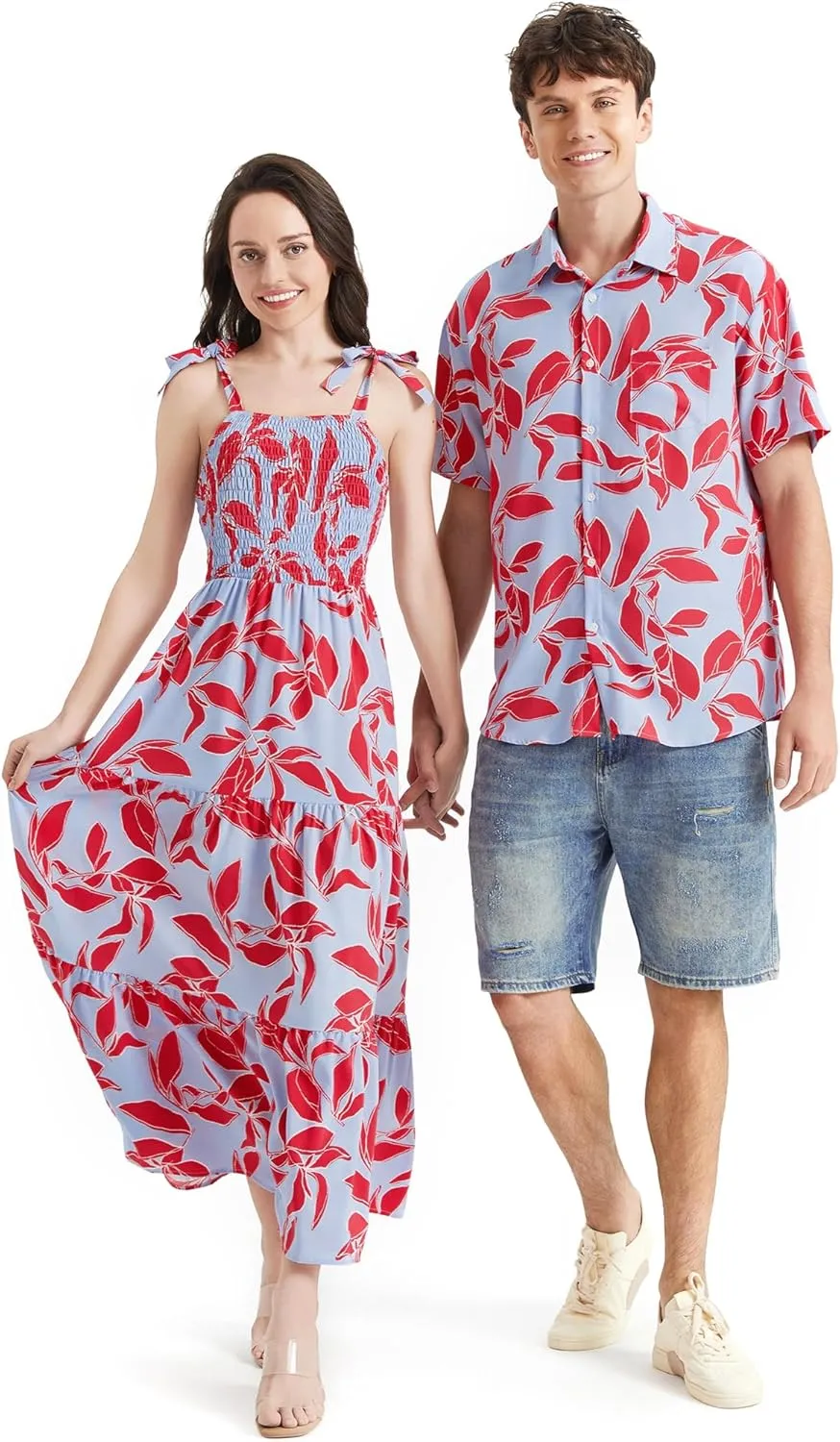 PATPAT Couples Matching Hawaiian Outfits: Beach Vacation Tropical Print Women Spaghetti Strap Maxi Dress or Men Cruise Shirt