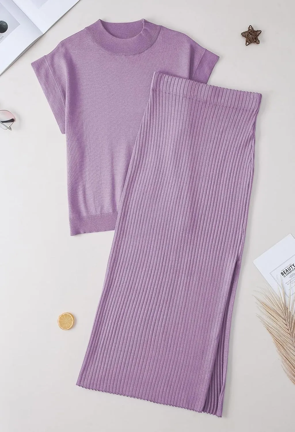 Pink Queen Women's 2 Piece Sweater Outfits Set Summer Cap Sleeve Tops Bodycon Maxi Long Skirt Knit Dresses
