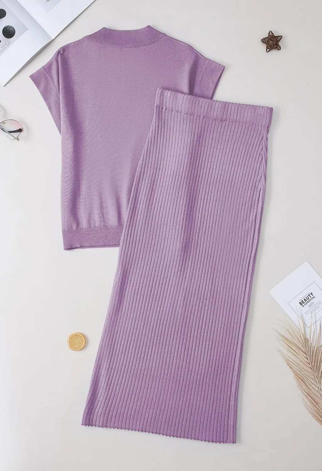 Pink Queen Women's 2 Piece Sweater Outfits Set Summer Cap Sleeve Tops Bodycon Maxi Long Skirt Knit Dresses