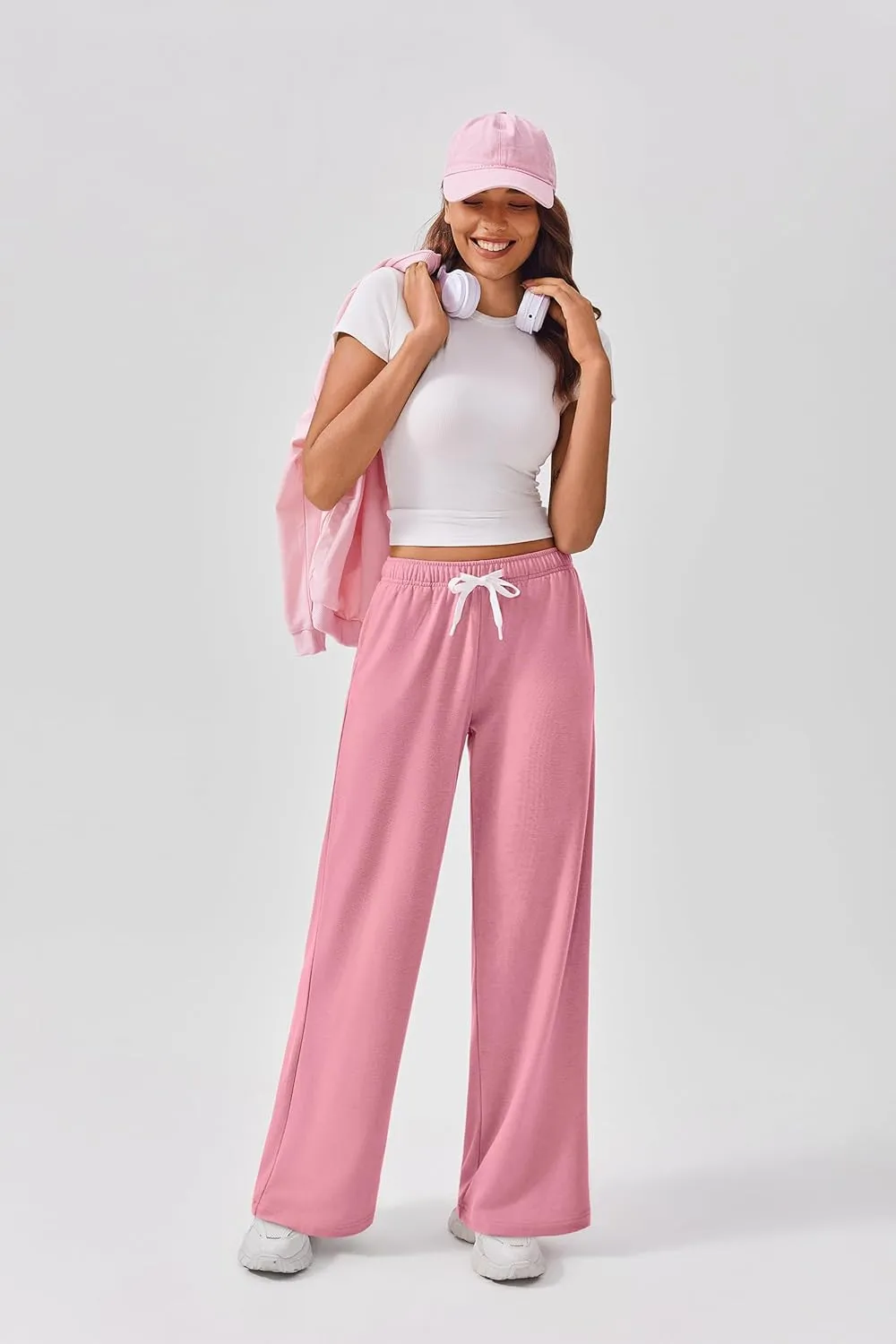 PINSPARK Wide Leg Sweat Pants for Womens High Waisted Baggy Sweatpants Casual Drawstring Workout Pants with Pockets