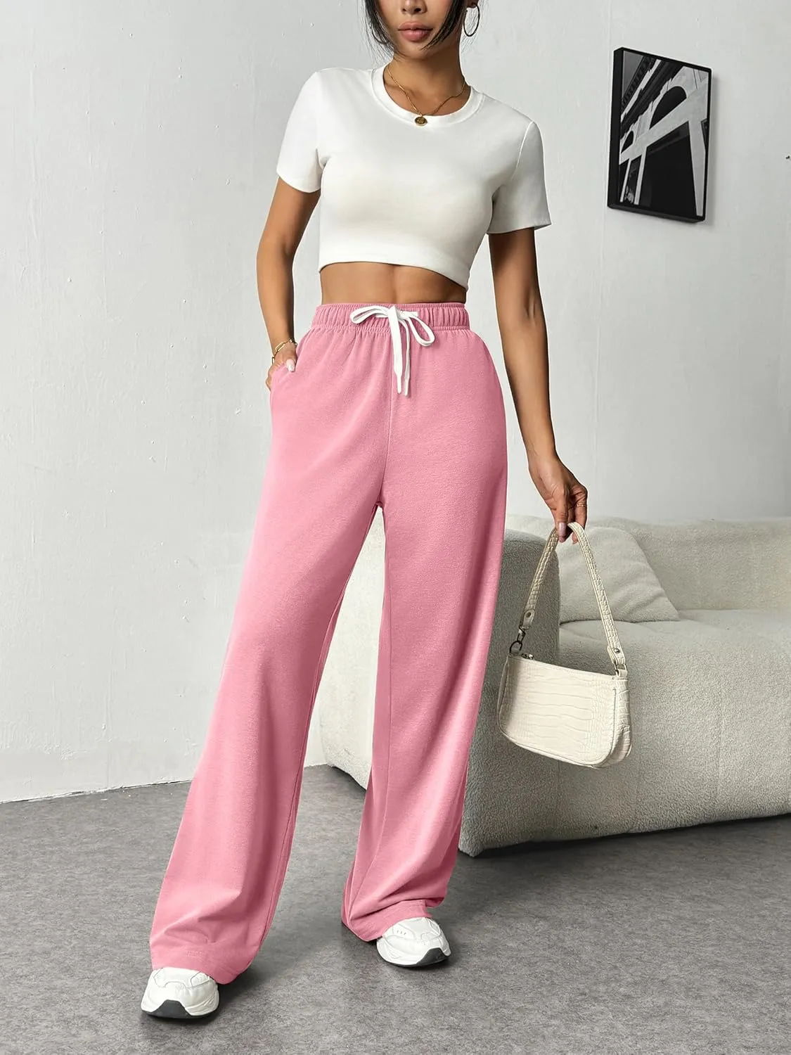 PINSPARK Wide Leg Sweat Pants for Womens High Waisted Baggy Sweatpants Casual Drawstring Workout Pants with Pockets