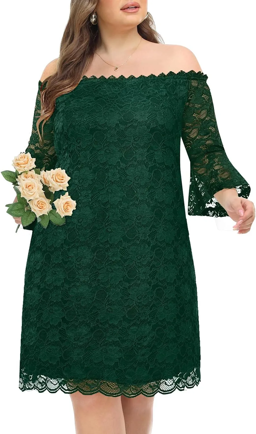 Plus Size Dresses for Women Wedding Guest Off The Shoulder Lace Cocktail Short Dress with Bell Sleeve