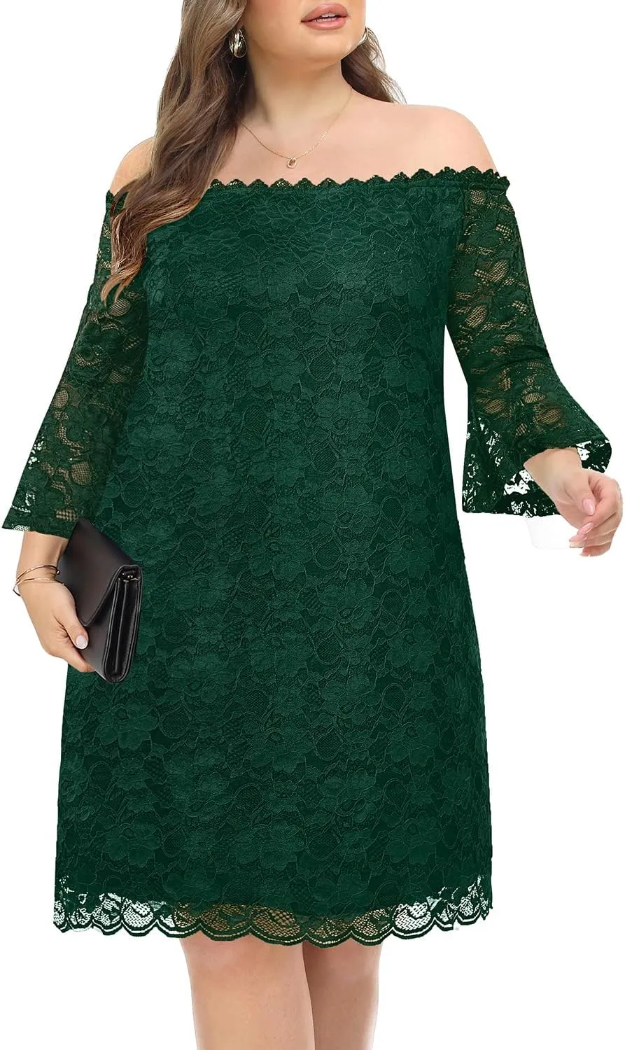 Plus Size Dresses for Women Wedding Guest Off The Shoulder Lace Cocktail Short Dress with Bell Sleeve