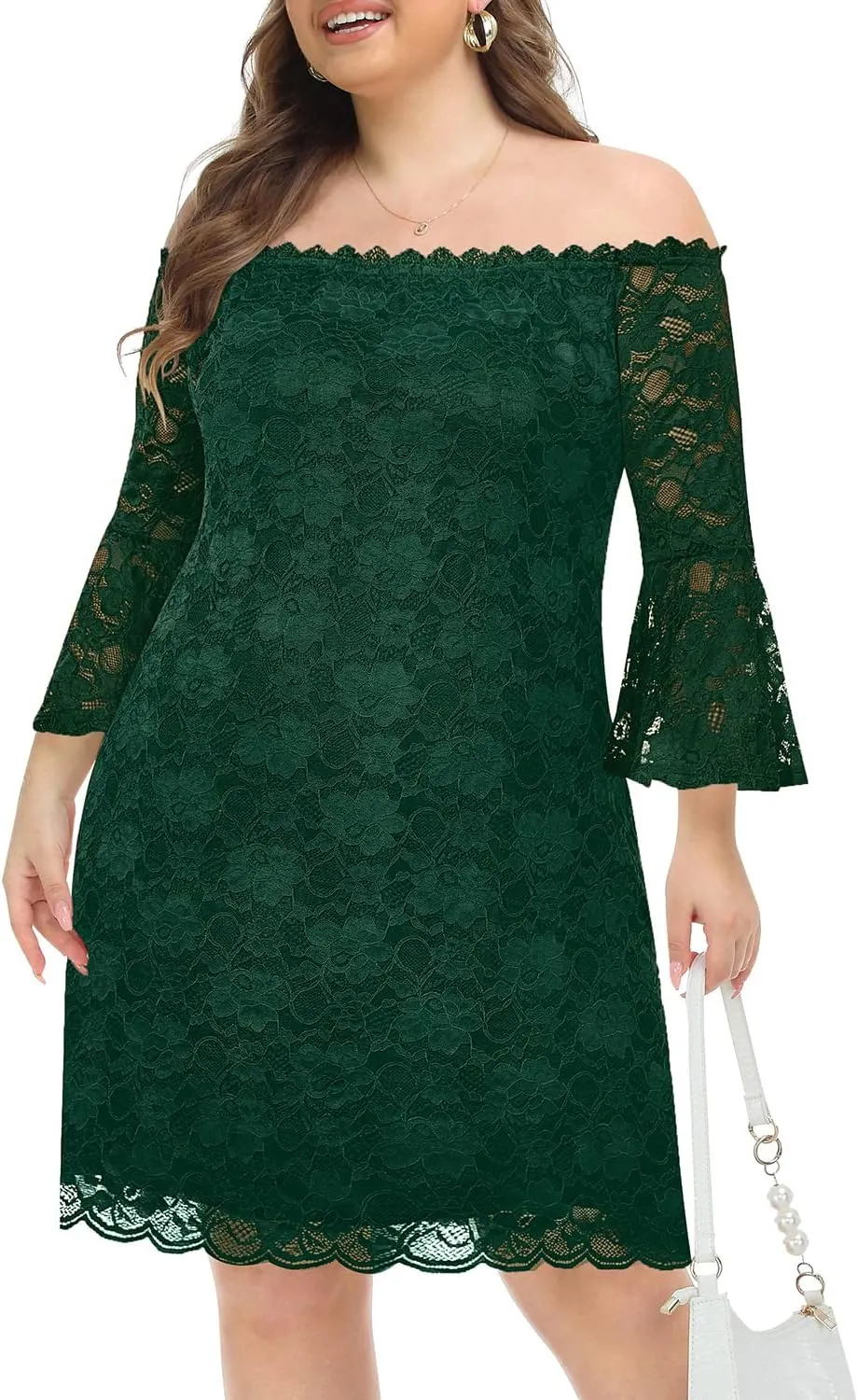 Plus Size Dresses for Women Wedding Guest Off The Shoulder Lace Cocktail Short Dress with Bell Sleeve