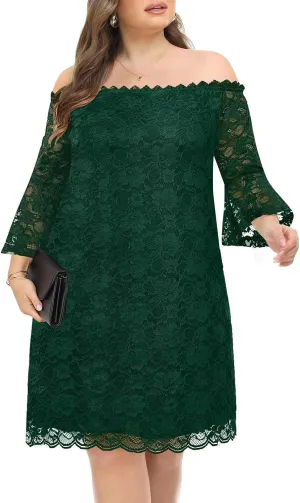 Plus Size Dresses for Women Wedding Guest Off The Shoulder Lace Cocktail Short Dress with Bell Sleeve
