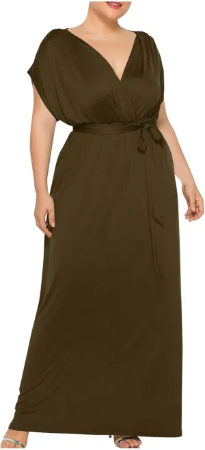 Plus Size Summer Dress for Women Fashion Solid Color Sundress Warp V Neck Short Sleeve Flowy Maxi Long Dresses