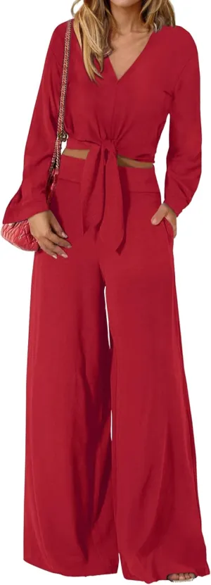 PRETTYGARDEN Women's 2 Piece Outfits 2025 Spring Casual V Neck Long Sleeve Strappy Crop Top Wide Leg Palazzo Pant Sets