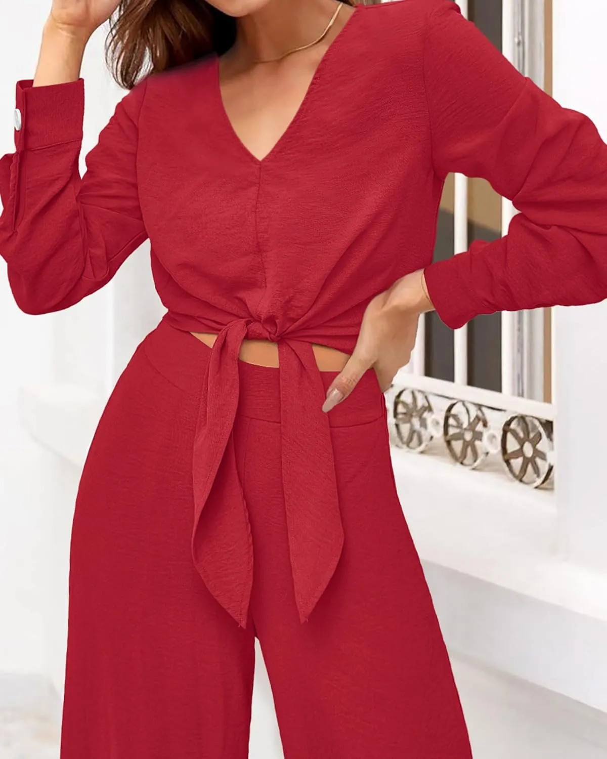 PRETTYGARDEN Women's 2 Piece Outfits 2025 Spring Casual V Neck Long Sleeve Strappy Crop Top Wide Leg Palazzo Pant Sets