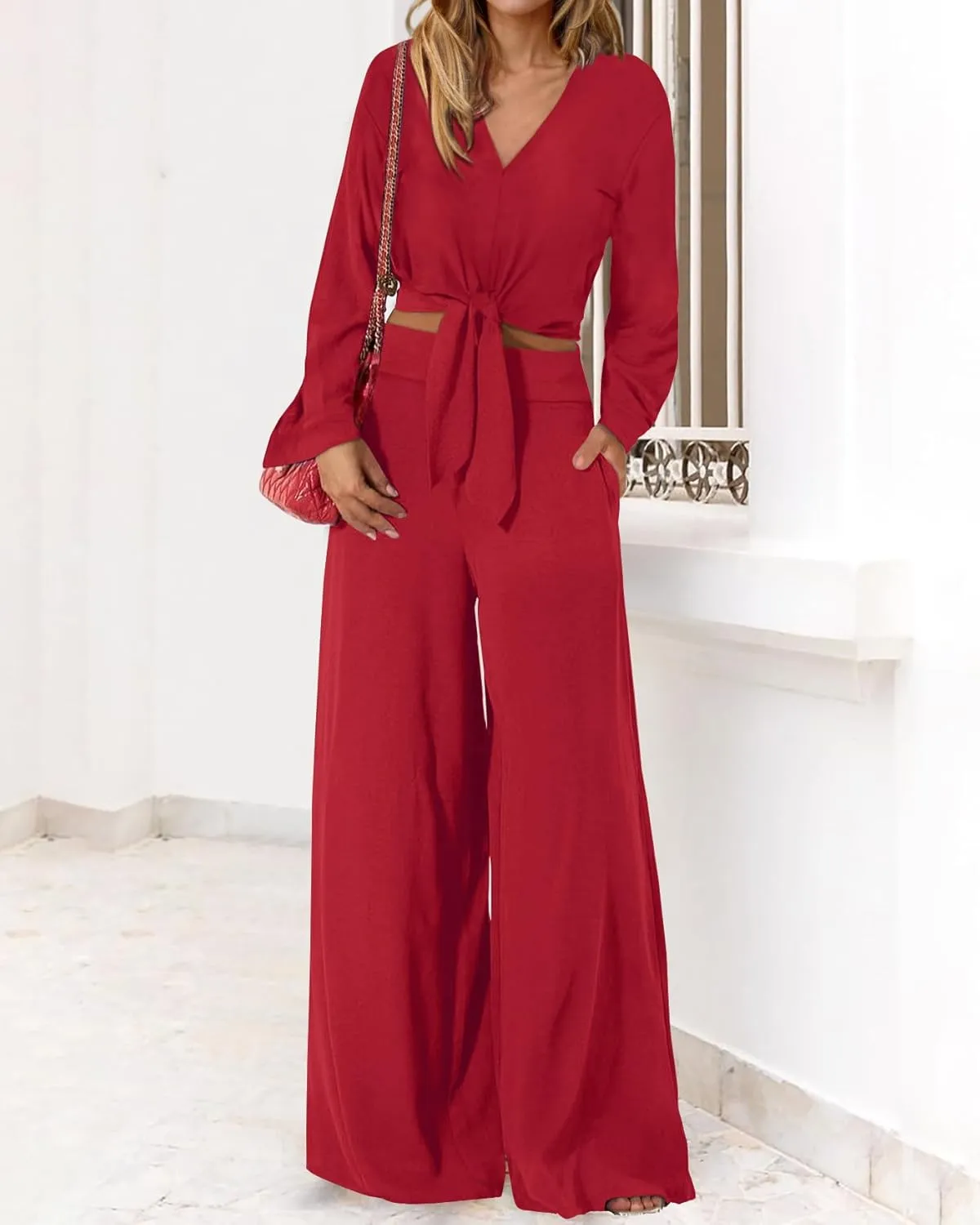 PRETTYGARDEN Women's 2 Piece Outfits 2025 Spring Casual V Neck Long Sleeve Strappy Crop Top Wide Leg Palazzo Pant Sets