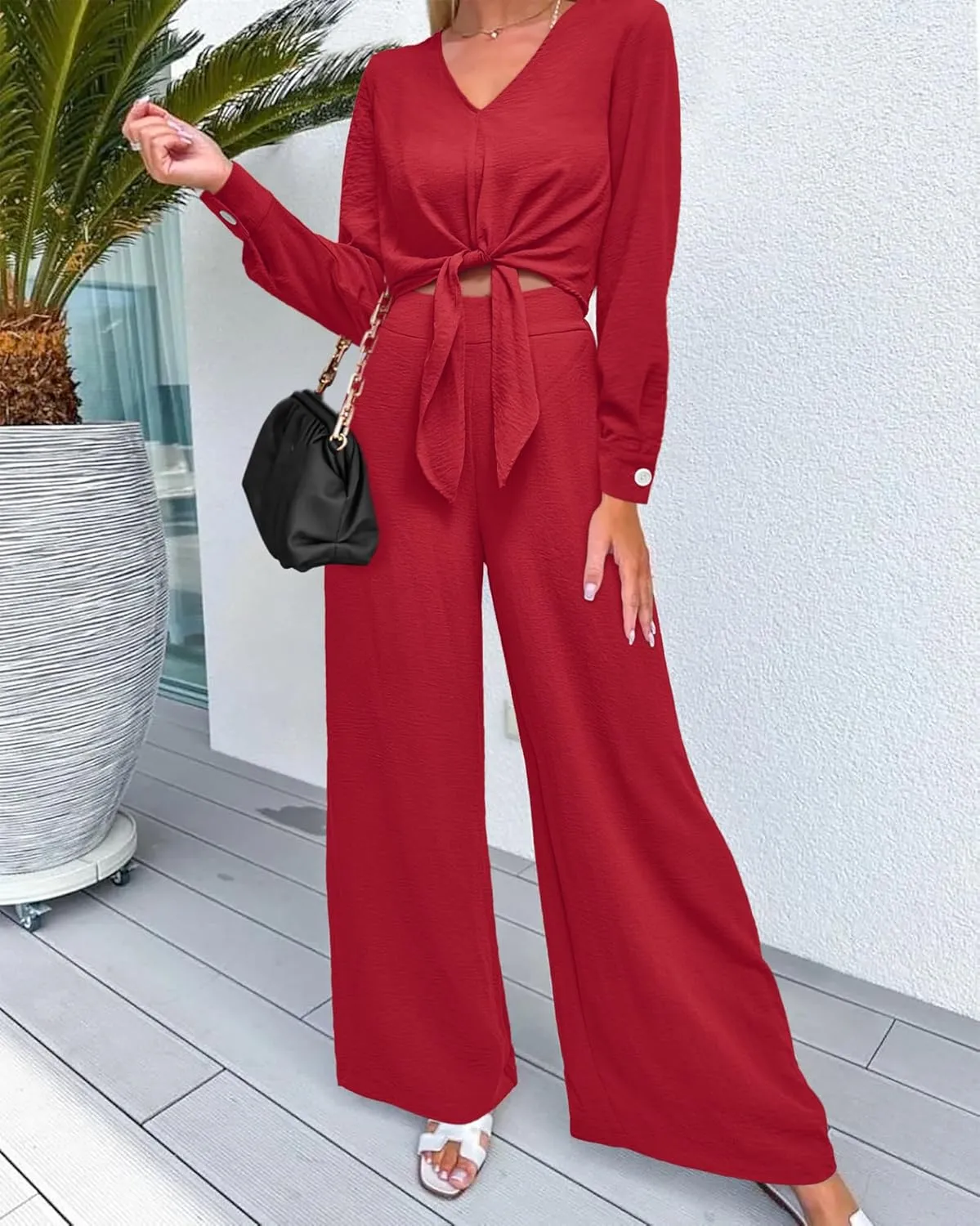 PRETTYGARDEN Women's 2 Piece Outfits 2025 Spring Casual V Neck Long Sleeve Strappy Crop Top Wide Leg Palazzo Pant Sets