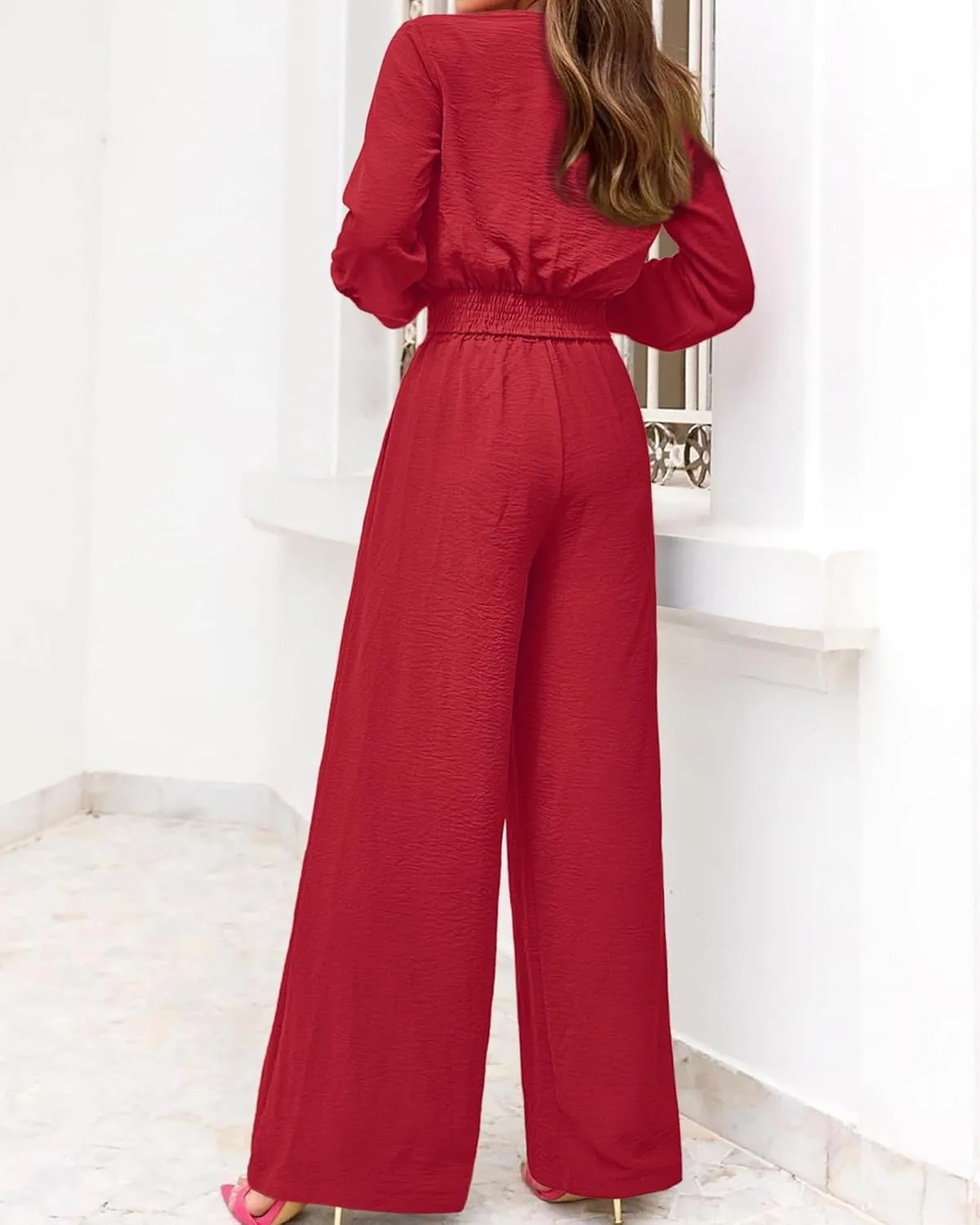 PRETTYGARDEN Women's 2 Piece Outfits 2025 Spring Casual V Neck Long Sleeve Strappy Crop Top Wide Leg Palazzo Pant Sets