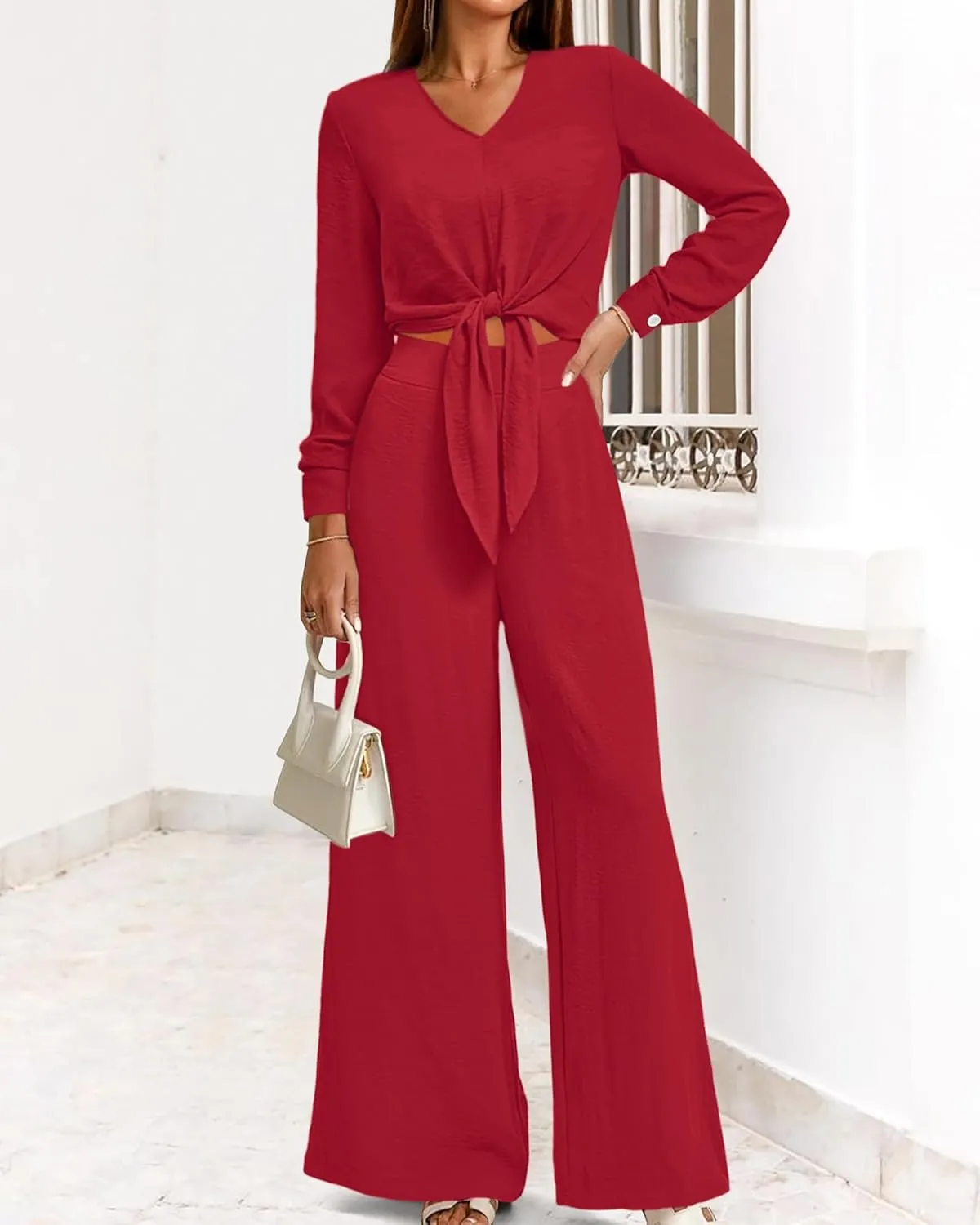 PRETTYGARDEN Women's 2 Piece Outfits 2025 Spring Casual V Neck Long Sleeve Strappy Crop Top Wide Leg Palazzo Pant Sets