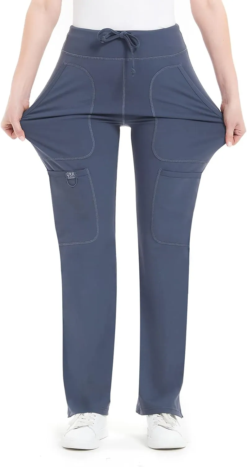 QBK Yoga Scrub Pants Women Mid Rise Yoga Work Pants- Five Pocket Cargo Scrub Pant