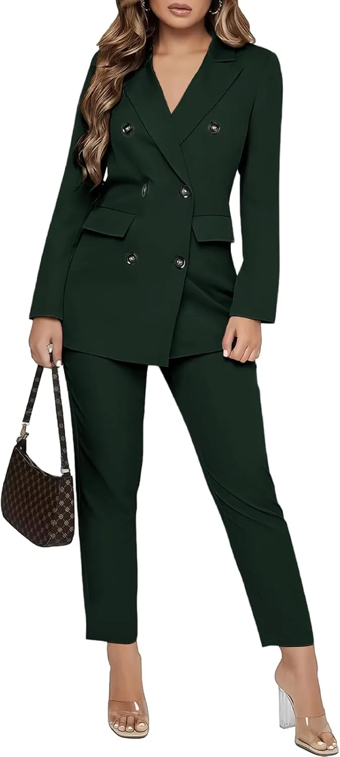 SAROULU Double Breasted Women Blazer Set Formal 2 Piece Pants Outfits Long Sleeve Bussines Suit Set for Work Office