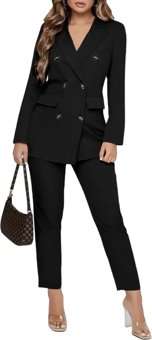 SAROULU Double Breasted Women Blazer Set Formal 2 Piece Pants Outfits Long Sleeve Bussines Suit Set for Work Office