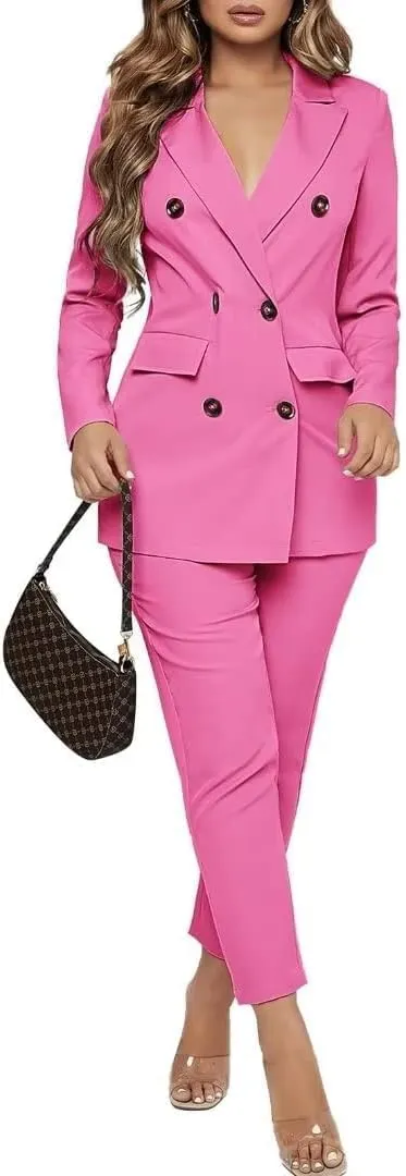 SAROULU Double Breasted Women Blazer Set Formal 2 Piece Pants Outfits Long Sleeve Bussines Suit Set for Work Office
