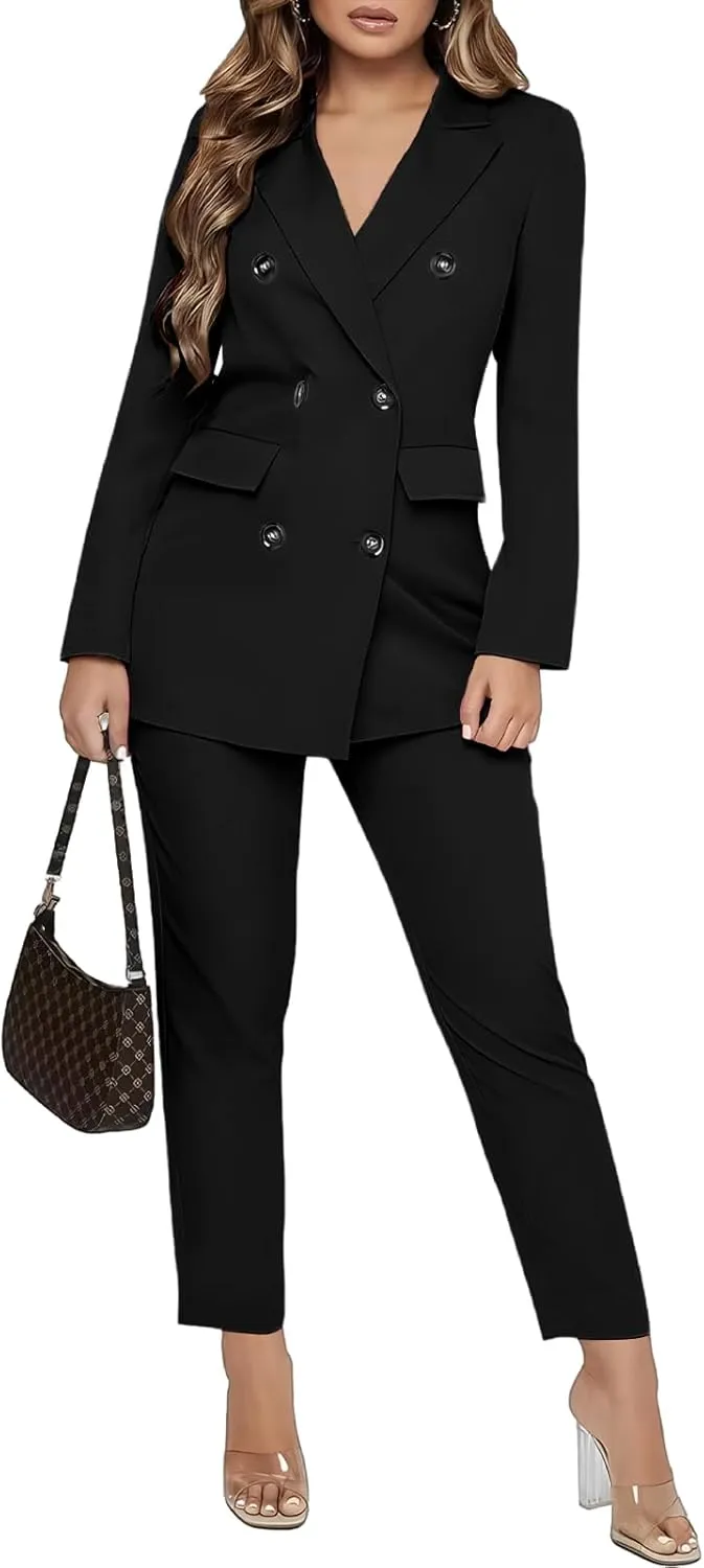 SAROULU Double Breasted Women Blazer Set Formal 2 Piece Pants Outfits Long Sleeve Bussines Suit Set for Work Office