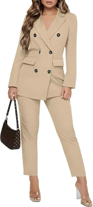 SAROULU Double Breasted Women Blazer Set Formal 2 Piece Pants Outfits Long Sleeve Bussines Suit Set for Work Office