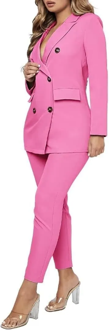 SAROULU Double Breasted Women Blazer Set Formal 2 Piece Pants Outfits Long Sleeve Bussines Suit Set for Work Office