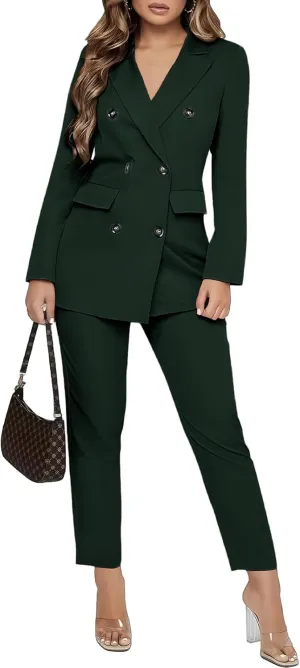 SAROULU Double Breasted Women Blazer Set Formal 2 Piece Pants Outfits Long Sleeve Bussines Suit Set for Work Office