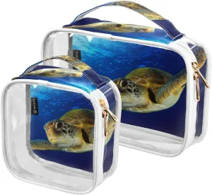 Sea Turtle 2 Pack Clear Toiletry Bag Women Men, Portable Waterproof Clear Pouch, Cosmetic Bag with Double Zippers Large Opening Traveling with Handle for Bathroom Traveling Vacation Organizing