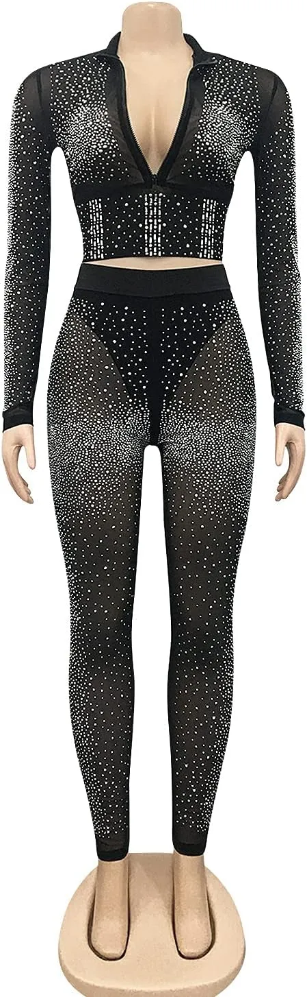 See Through Mesh Sparkly Rhinestone Bodycon Outfits Sexy Crop Top Pants 2 Pieces Suit Club Party Hot Drilling Jumpsuit