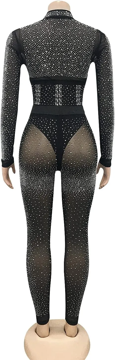 See Through Mesh Sparkly Rhinestone Bodycon Outfits Sexy Crop Top Pants 2 Pieces Suit Club Party Hot Drilling Jumpsuit