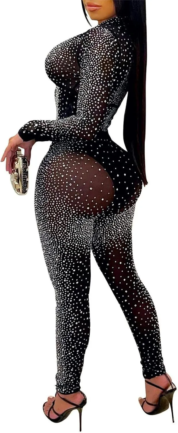 See Through Mesh Sparkly Rhinestone Bodycon Outfits Sexy Crop Top Pants 2 Pieces Suit Club Party Hot Drilling Jumpsuit