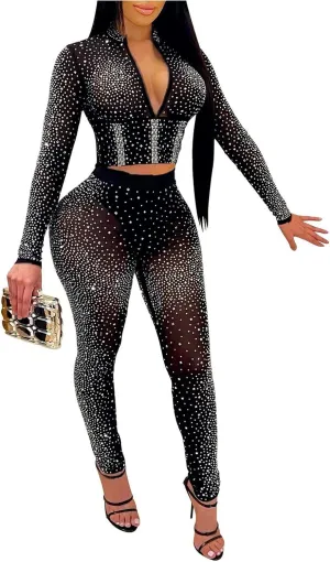 See Through Mesh Sparkly Rhinestone Bodycon Outfits Sexy Crop Top Pants 2 Pieces Suit Club Party Hot Drilling Jumpsuit