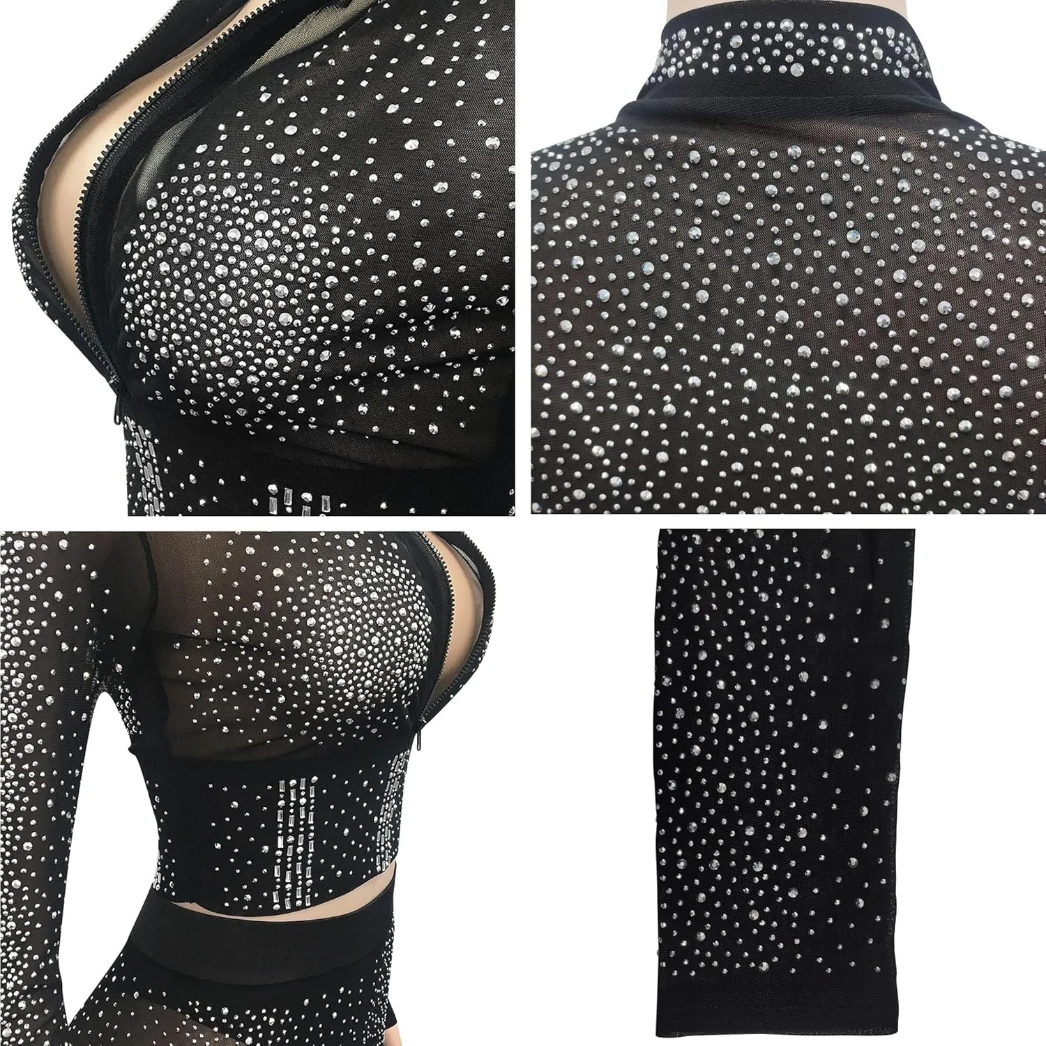 See Through Mesh Sparkly Rhinestone Bodycon Outfits Sexy Crop Top Pants 2 Pieces Suit Club Party Hot Drilling Jumpsuit