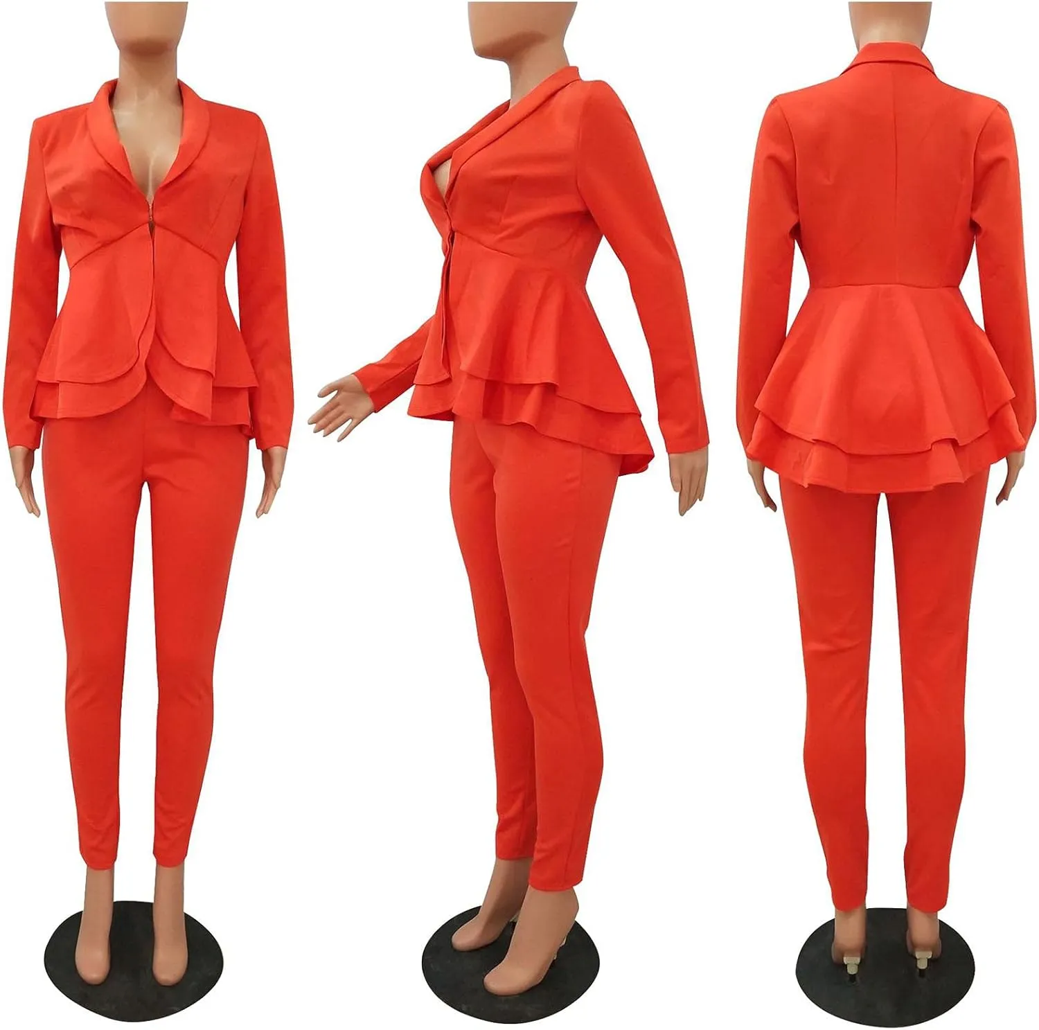 Sexyshine Women's 2 Piece Pants and Blazer Sets Long Sleeve Ruffle Hem Peplum Blazer and Bodycon Long Pants Outfits