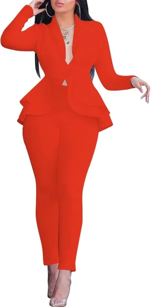 Sexyshine Women's 2 Piece Pants and Blazer Sets Long Sleeve Ruffle Hem Peplum Blazer and Bodycon Long Pants Outfits