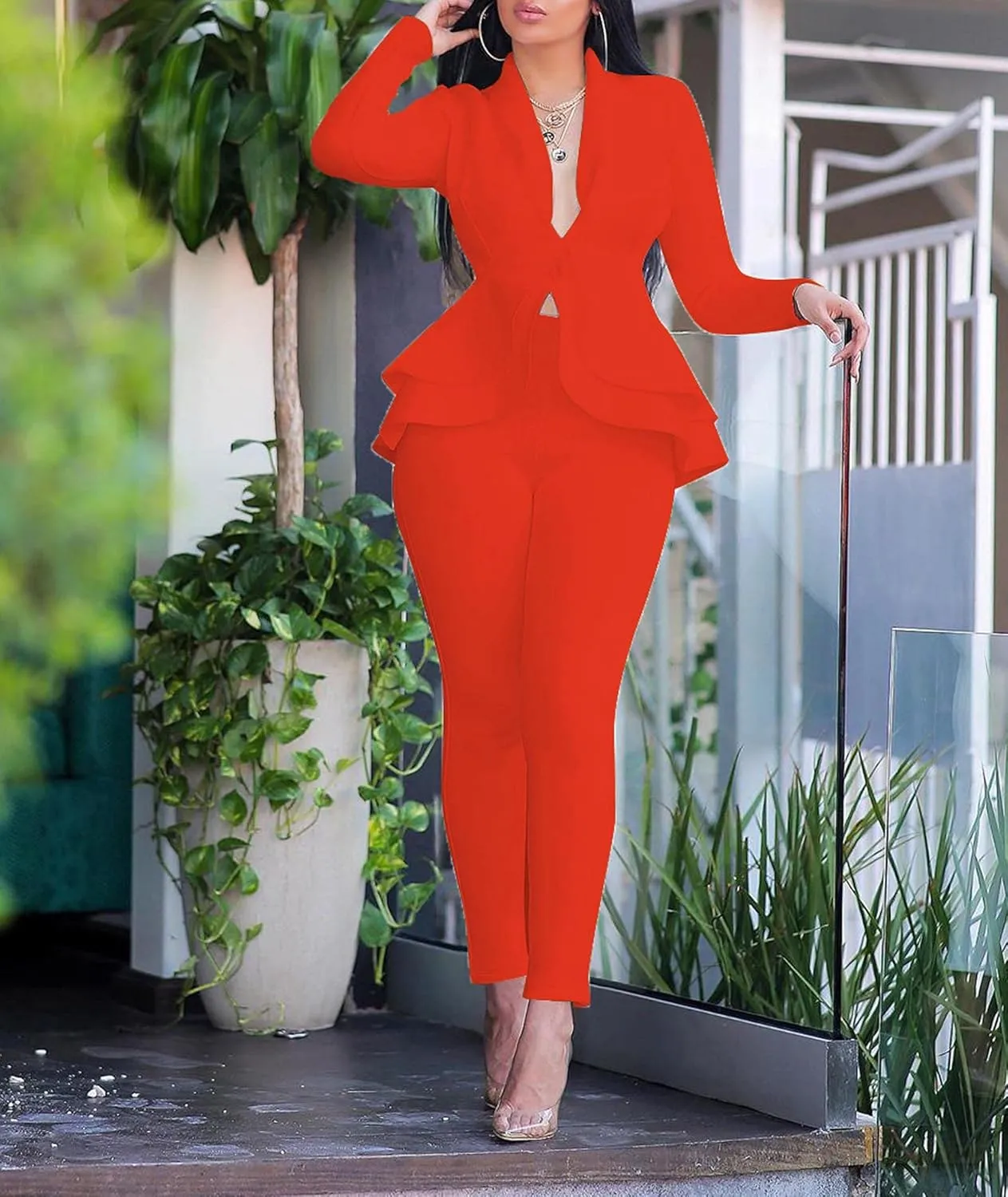 Sexyshine Women's 2 Piece Pants and Blazer Sets Long Sleeve Ruffle Hem Peplum Blazer and Bodycon Long Pants Outfits