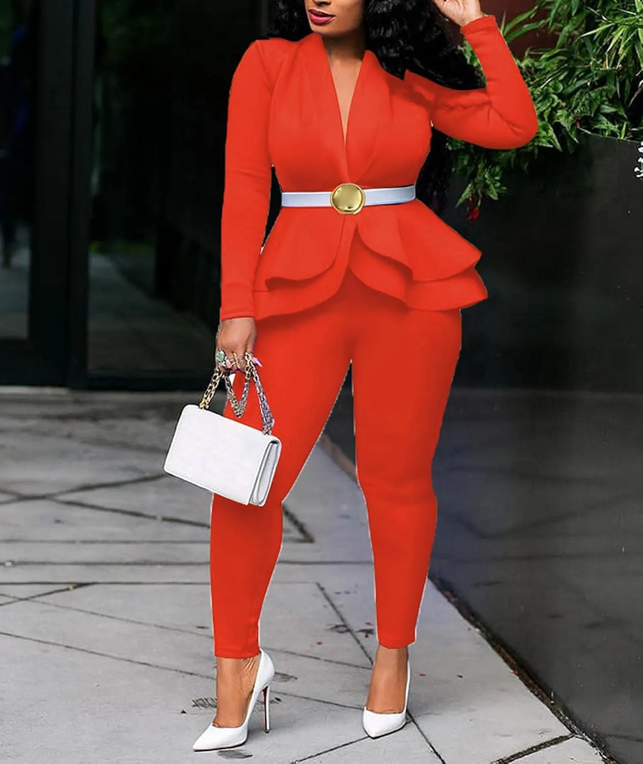 Sexyshine Women's 2 Piece Pants and Blazer Sets Long Sleeve Ruffle Hem Peplum Blazer and Bodycon Long Pants Outfits