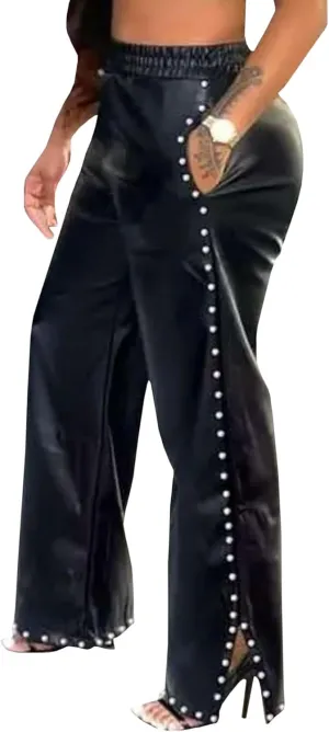 Sexyshine Women's Faux Leather Pants Rivets Pearls Trim High Waist Loose Straight Wide Leg Slit Hem PU Leather Pants