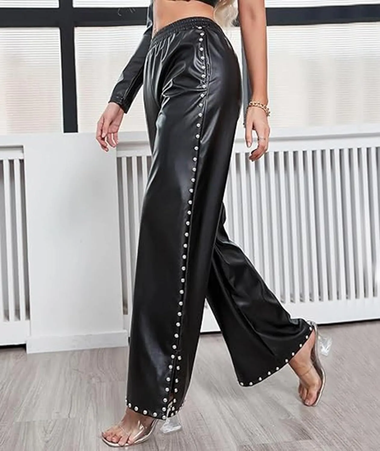 Sexyshine Women's Faux Leather Pants Rivets Pearls Trim High Waist Loose Straight Wide Leg Slit Hem PU Leather Pants