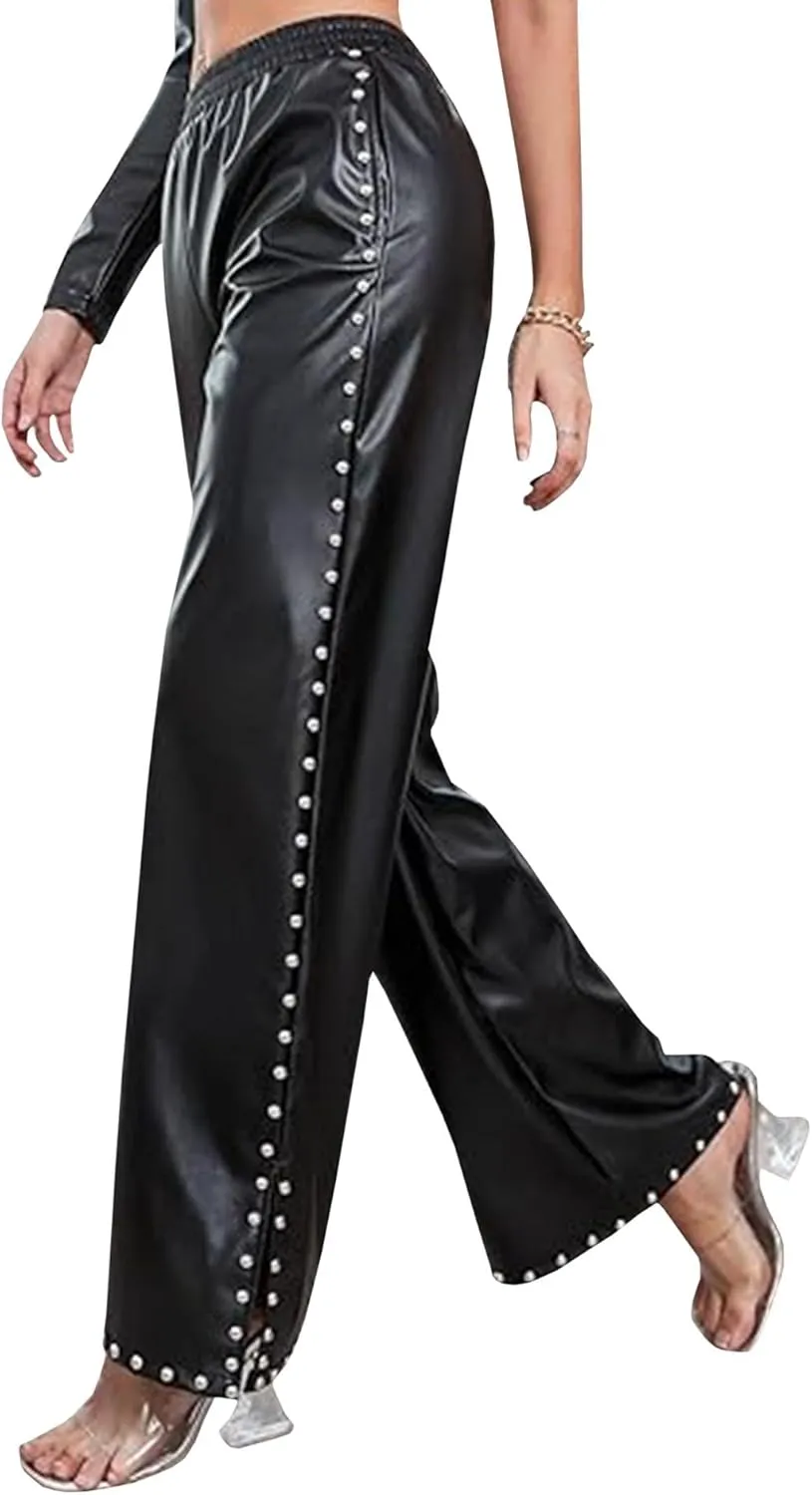 Sexyshine Women's Faux Leather Pants Rivets Pearls Trim High Waist Loose Straight Wide Leg Slit Hem PU Leather Pants